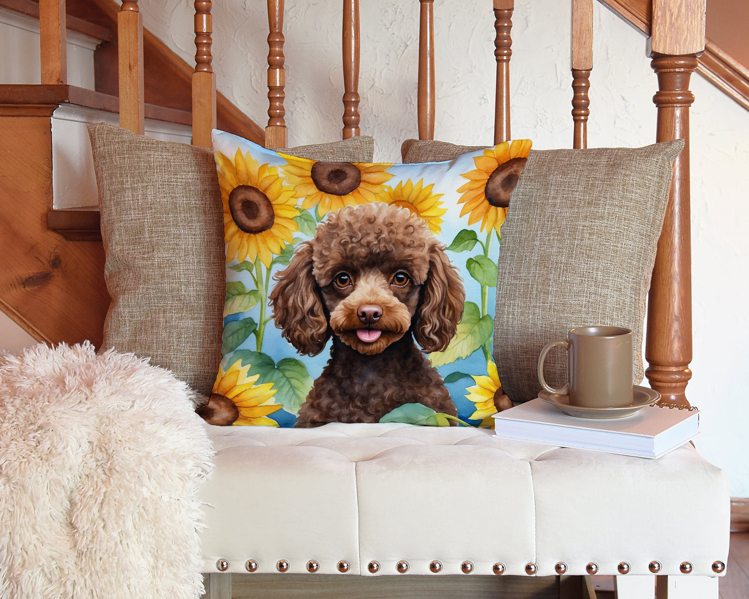 Chocolate Poodle in Sunflowers Decorative Throw Pillow 14x14 Indoor Outdoor Accent Cushion, Fabric Cover with Insert for Sofa, Bed, Porch & Living Room