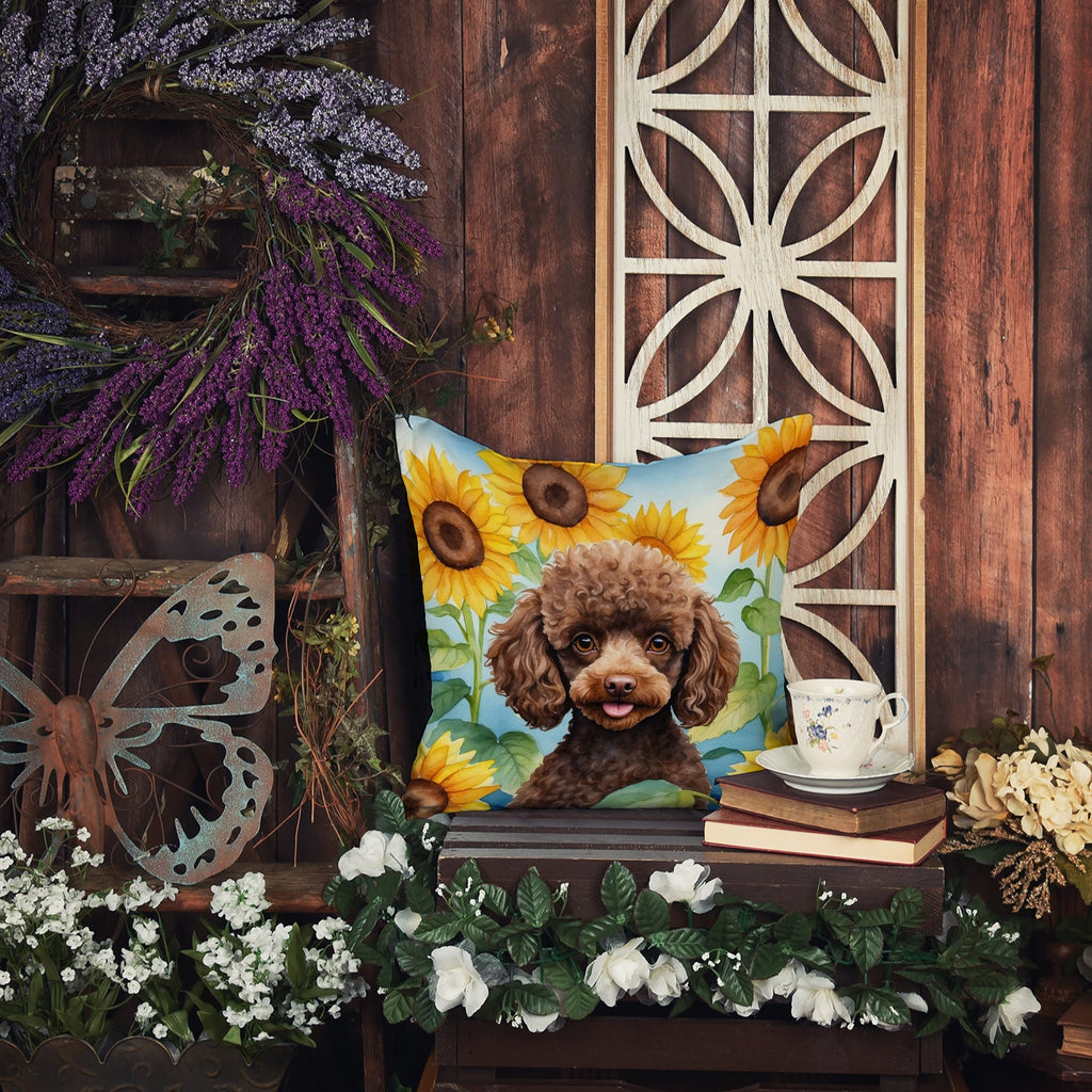 Chocolate Poodle in Sunflowers Decorative Throw Pillow 14x14 Indoor Outdoor Accent Cushion, Fabric Cover with Insert for Sofa, Bed, Porch & Living Room