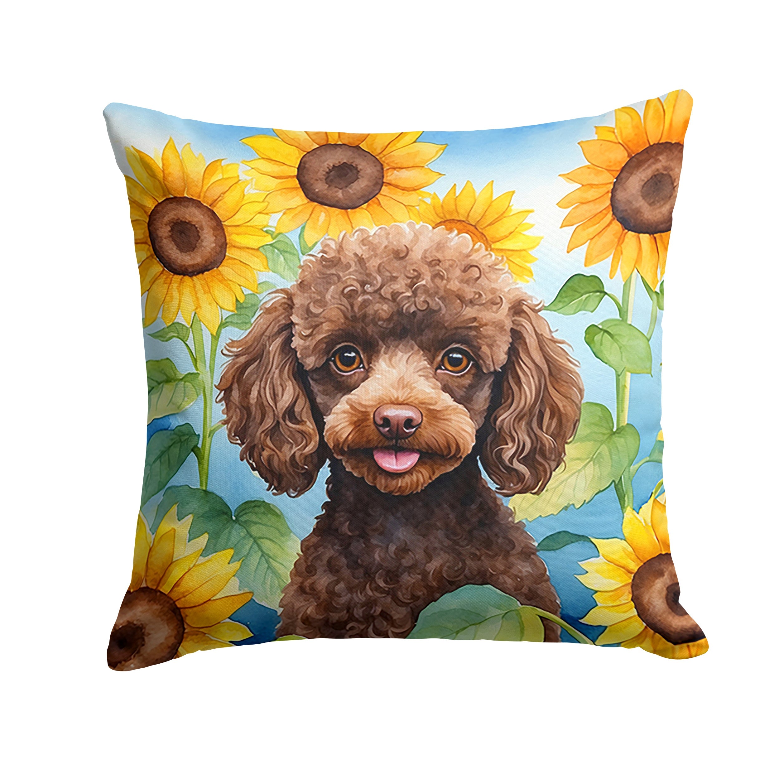 Chocolate Poodle in Sunflowers Decorative Throw Pillow 18x18 Indoor Outdoor Accent Cushion, Fabric Cover with Insert for Sofa, Bed, Porch & Living Room