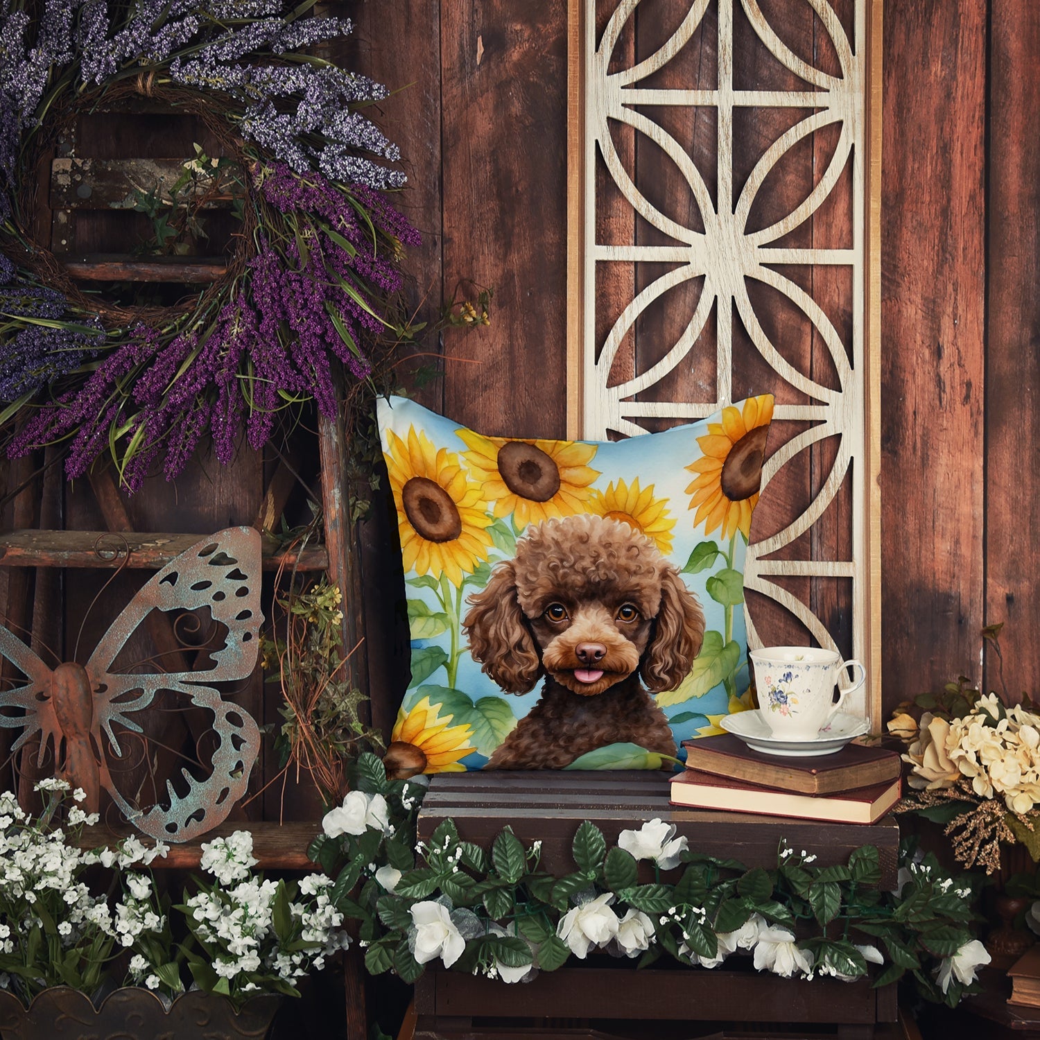 Chocolate Poodle in Sunflowers Decorative Throw Pillow 18x18 Indoor Outdoor Accent Cushion, Fabric Cover with Insert for Sofa, Bed, Porch & Living Room