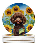 Chocolate Poodle in Sunflowers Large Sandstone Coasters Pack of 4 Absorbent Round Coasters Decor Gifts for Men or Women, 4 in, Multicolor