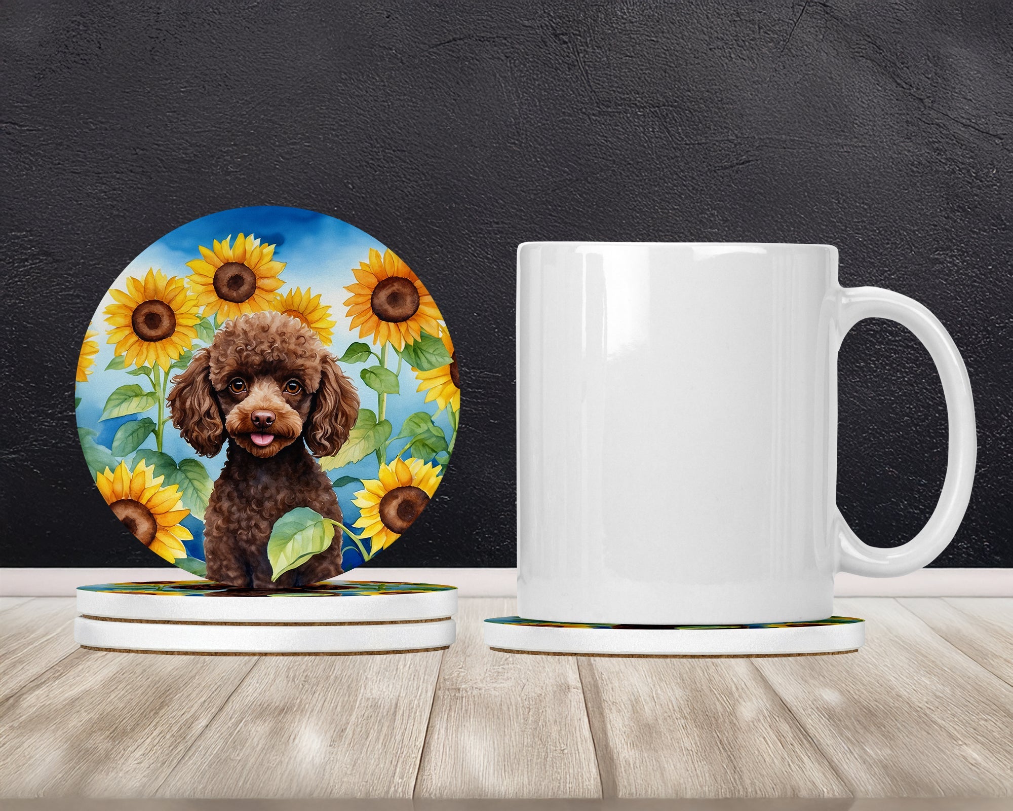Chocolate Poodle in Sunflowers Large Sandstone Coasters Pack of 4 Absorbent Round Coasters Decor Gifts for Men or Women, 4 in, Multicolor