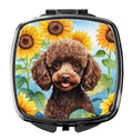 Chocolate Poodle in Sunflowers Compact Mirror Decorative Travel Makeup Mirror for Women Girls Gifts Pocket Makeup Mirror Folding Handheld