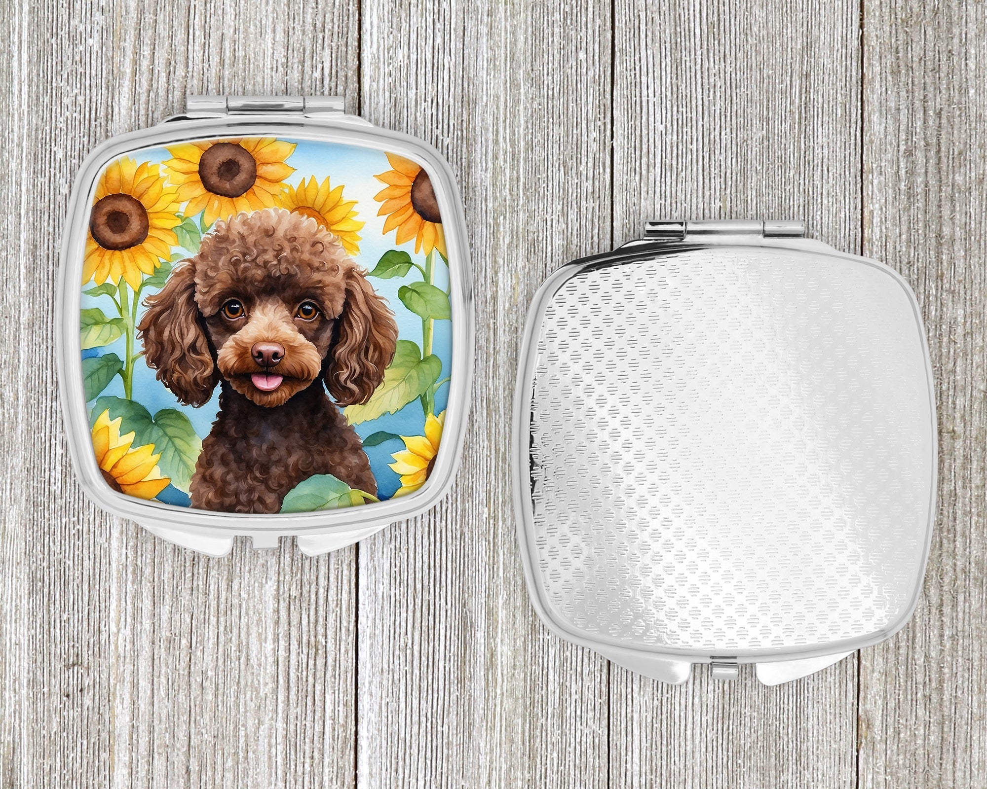 Chocolate Poodle in Sunflowers Compact Mirror Decorative Travel Makeup Mirror for Women Girls Gifts Pocket Makeup Mirror Folding Handheld