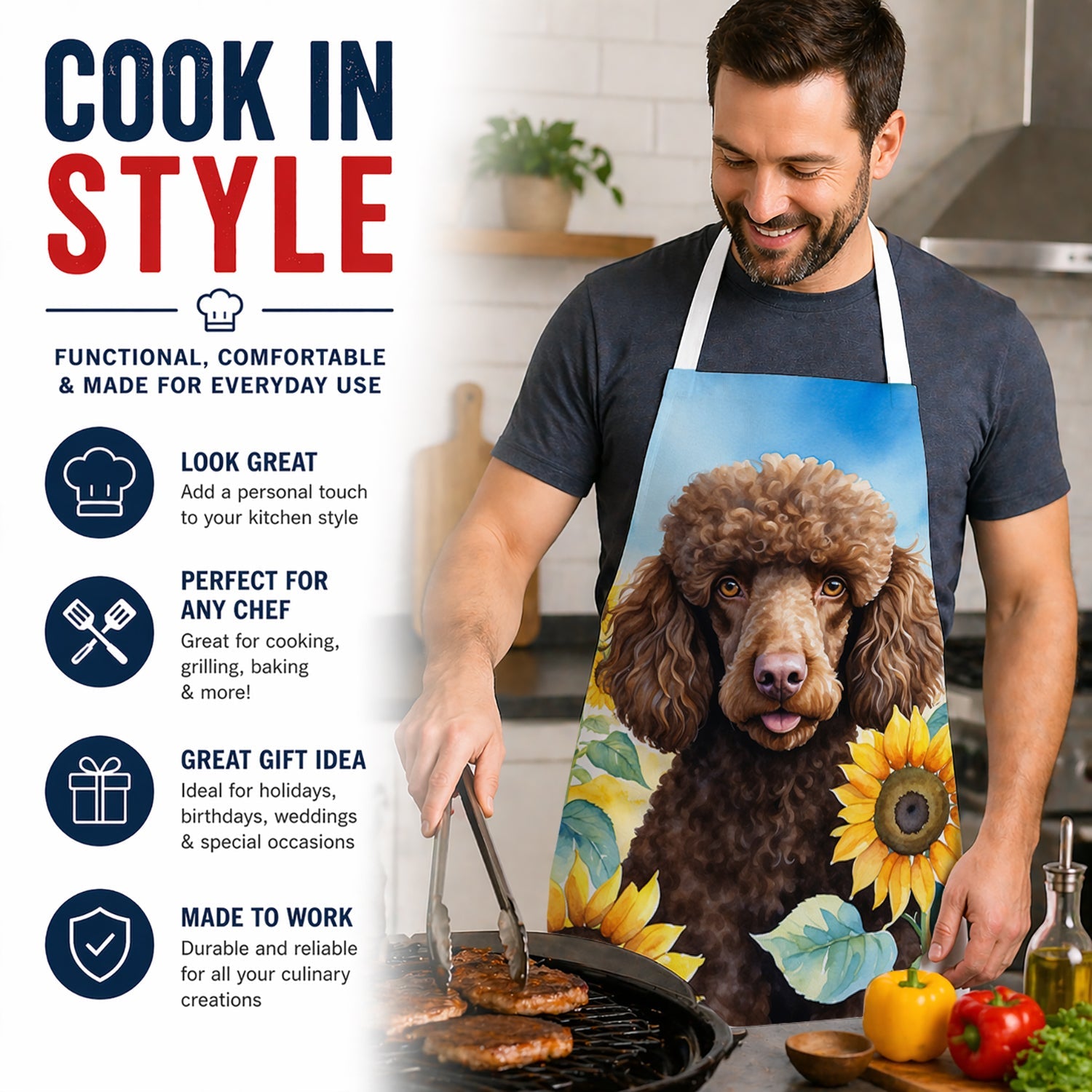 Chocolate Poodle in Sunflowers Apron Cooking Kitchen Server Baking Crafts Gardening for Adult Women Men, Unisex, Large, Multicolor