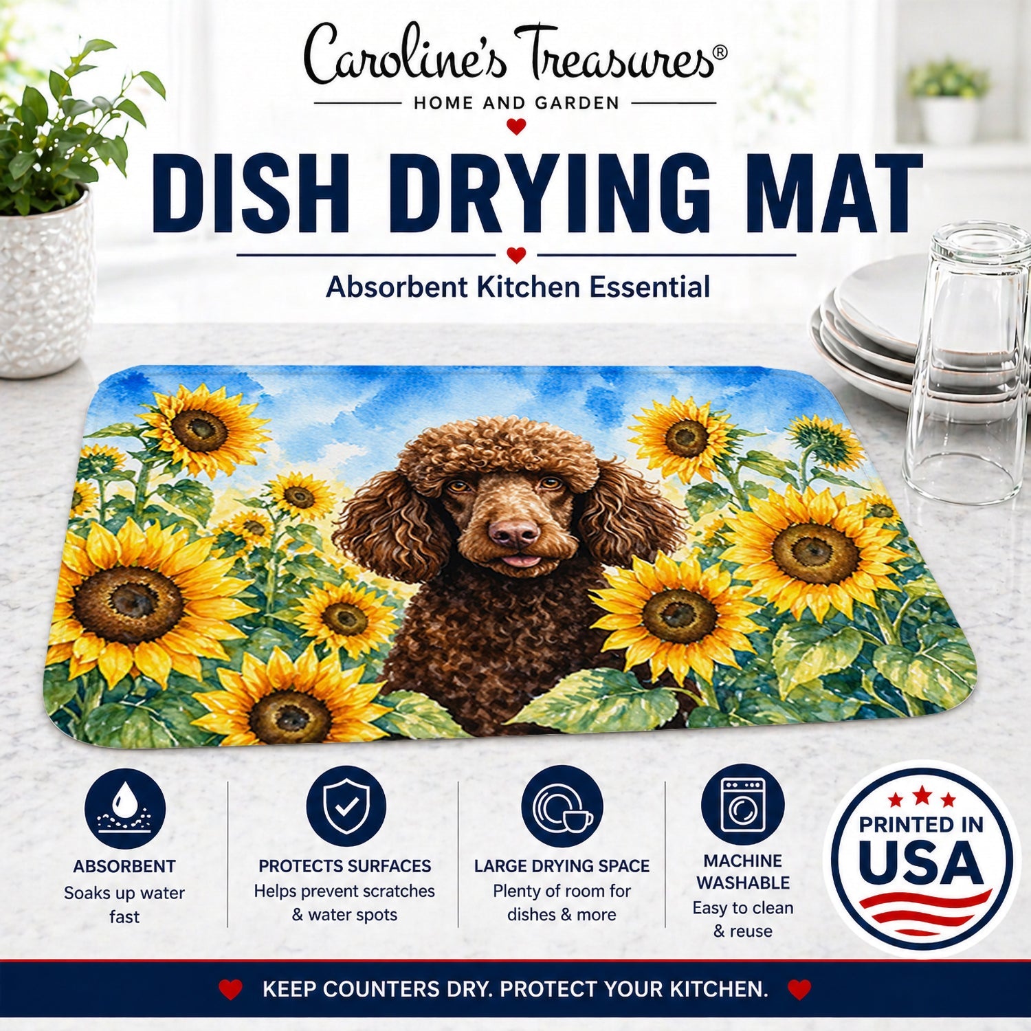 Chocolate Poodle in Sunflowers Dish Drying Mat Absorbent Dish Drying Mat Pad for Kitchen Counter Dish Drainer Mat for Countertop, 14 x 21", Multicolor