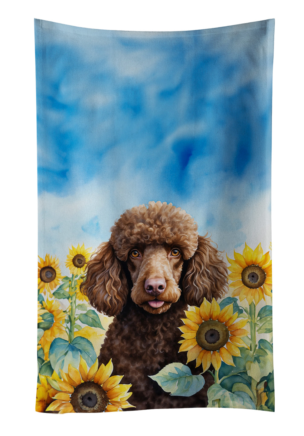 Chocolate Poodle in Sunflowers Kitchen Towel Velour Plush Front and Cotton Loop Back Machine Washable