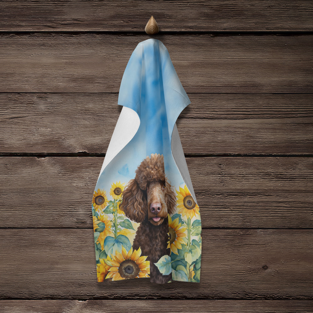 Chocolate Poodle in Sunflowers Kitchen Towel Velour Plush Front and Cotton Loop Back Machine Washable