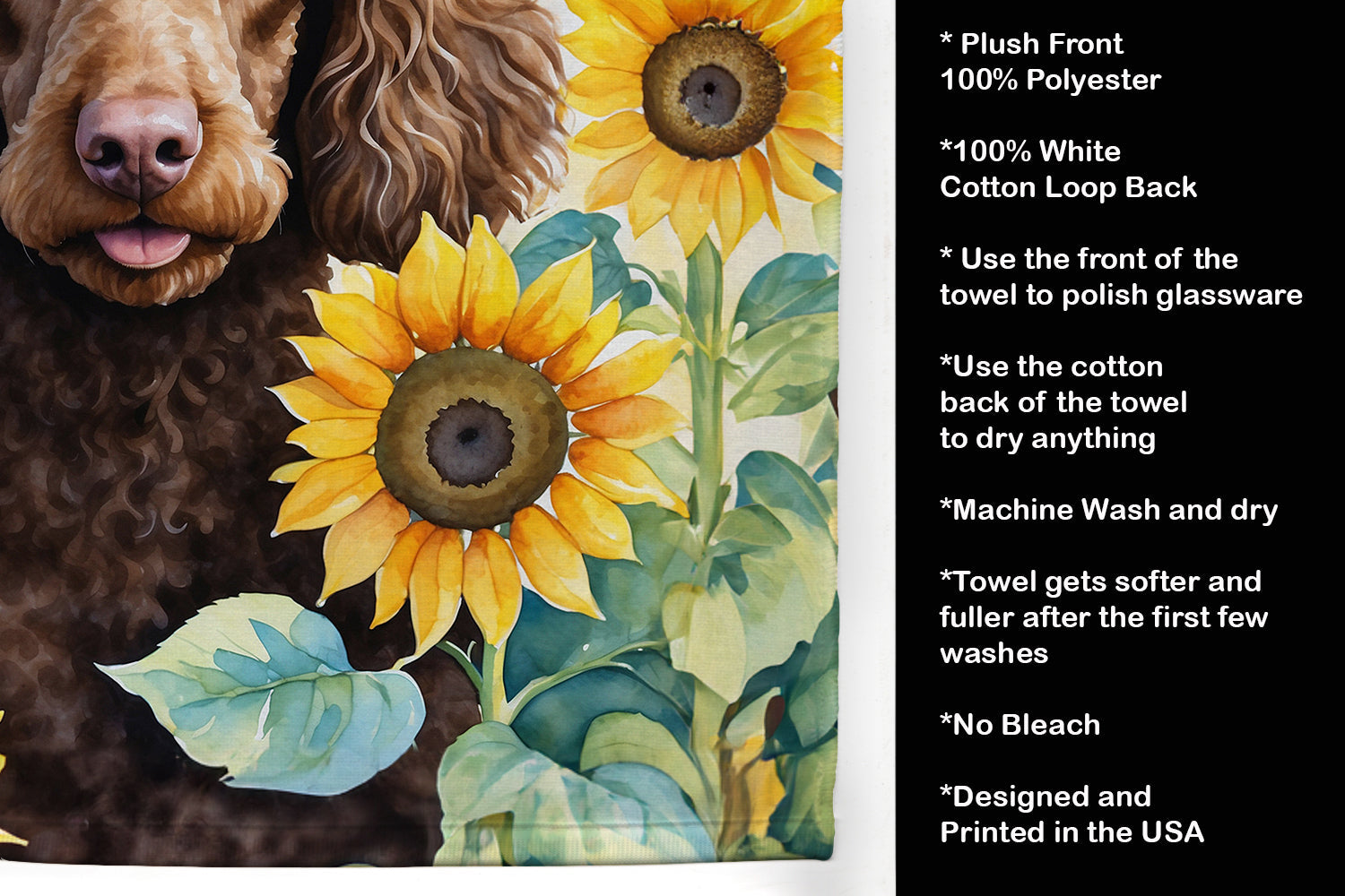 Chocolate Poodle in Sunflowers Kitchen Towel Velour Plush Front and Cotton Loop Back Machine Washable