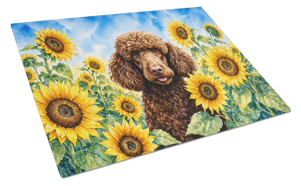 Chocolate Poodle in Sunflowers Cutting Board Tempered Glass Kitchen Cutting Surface, Heat Resistant Chopping Board with Non-Slip Feet, Decorative Food Prep & Serving