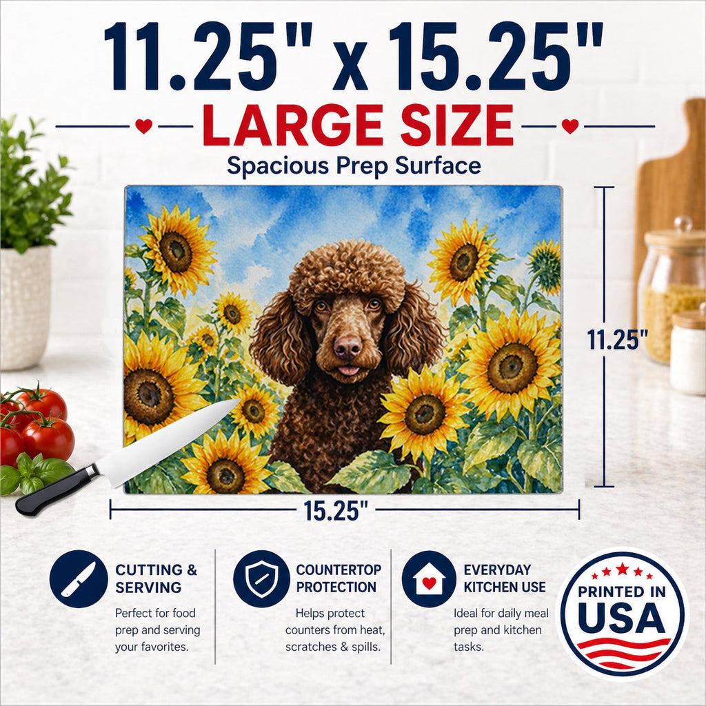 Chocolate Poodle in Sunflowers Cutting Board Tempered Glass Kitchen Cutting Surface, Heat Resistant Chopping Board with Non-Slip Feet, Decorative Food Prep & Serving