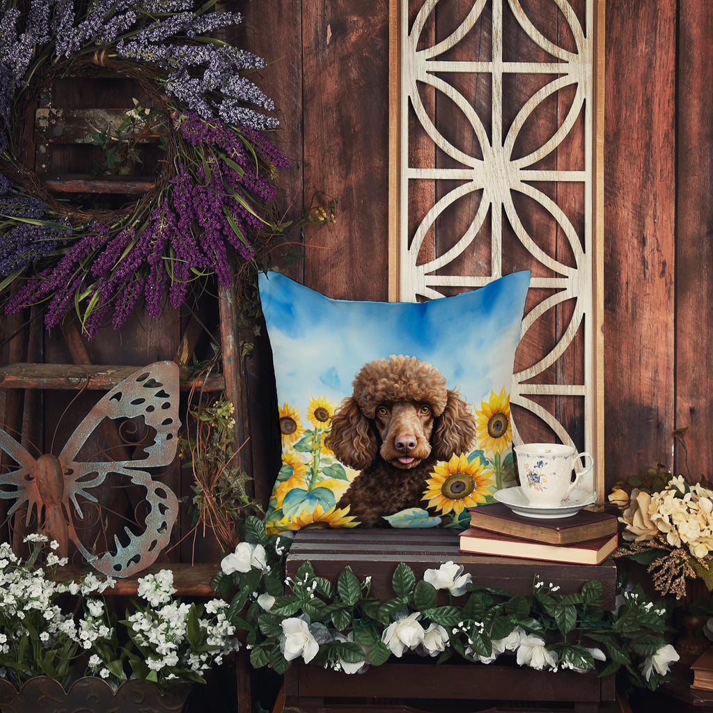 Chocolate Poodle in Sunflowers Decorative Throw Pillow 14x14 Indoor Outdoor Accent Cushion, Fabric Cover with Insert for Sofa, Bed, Porch & Living Room