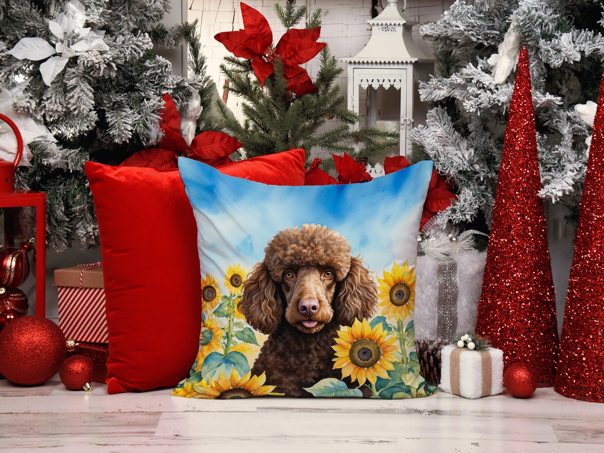 Chocolate Poodle in Sunflowers Decorative Throw Pillow 14x14 Indoor Outdoor Accent Cushion, Fabric Cover with Insert for Sofa, Bed, Porch & Living Room