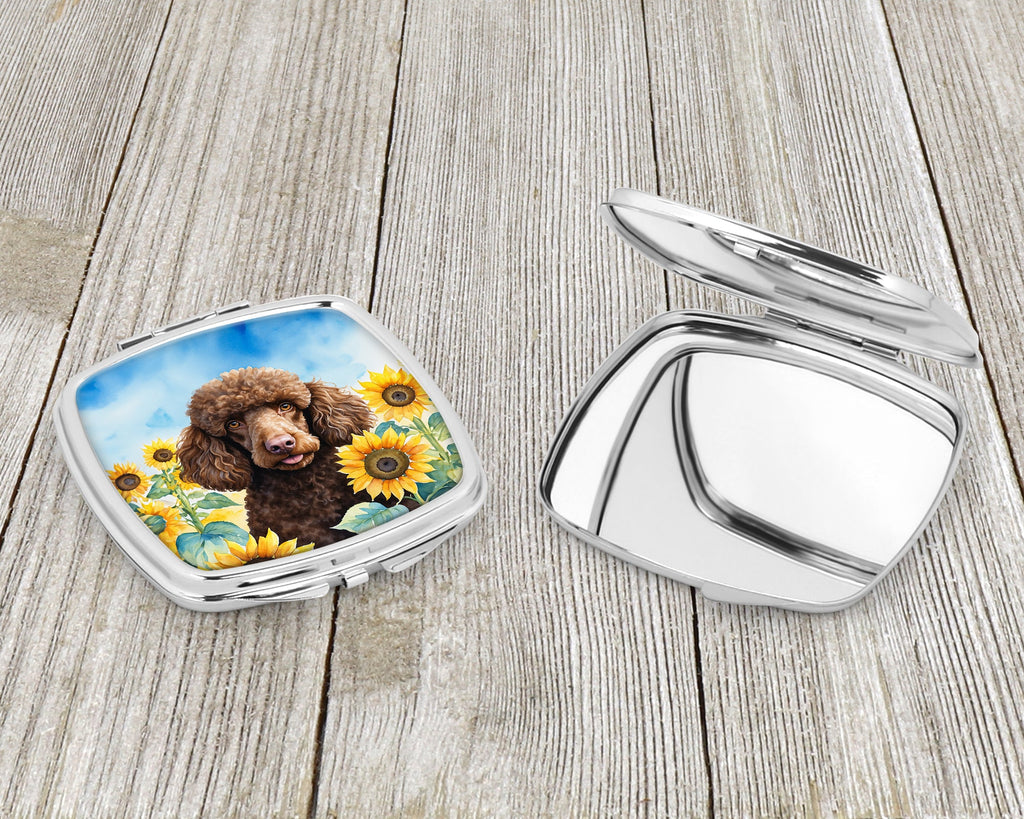 Chocolate Poodle in Sunflowers Compact Mirror Decorative Travel Makeup Mirror for Women Girls Gifts Pocket Makeup Mirror Folding Handheld