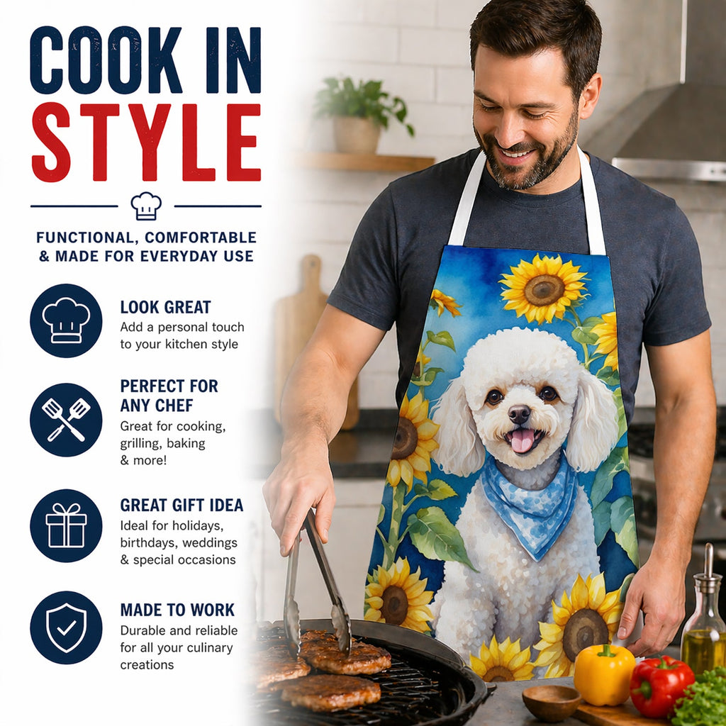 White Poodle in Sunflowers Apron Cooking Kitchen Server Baking Crafts Gardening for Adult Women Men, Unisex, Large, Multicolor