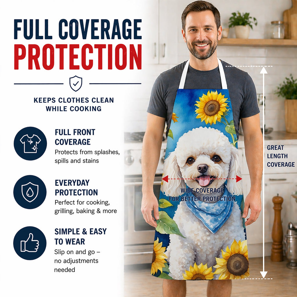 White Poodle in Sunflowers Apron Cooking Kitchen Server Baking Crafts Gardening for Adult Women Men, Unisex, Large, Multicolor