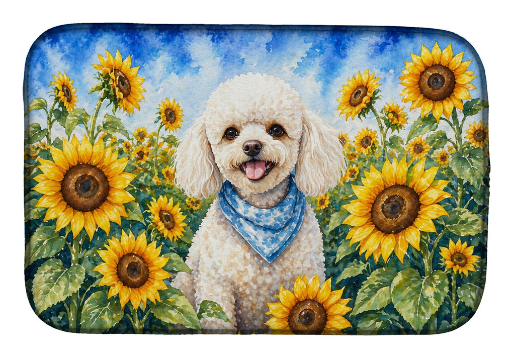 White Poodle in Sunflowers Dish Drying Mat Absorbent Dish Drying Mat Pad for Kitchen Counter Dish Drainer Mat for Countertop, 14 x 21", Multicolor