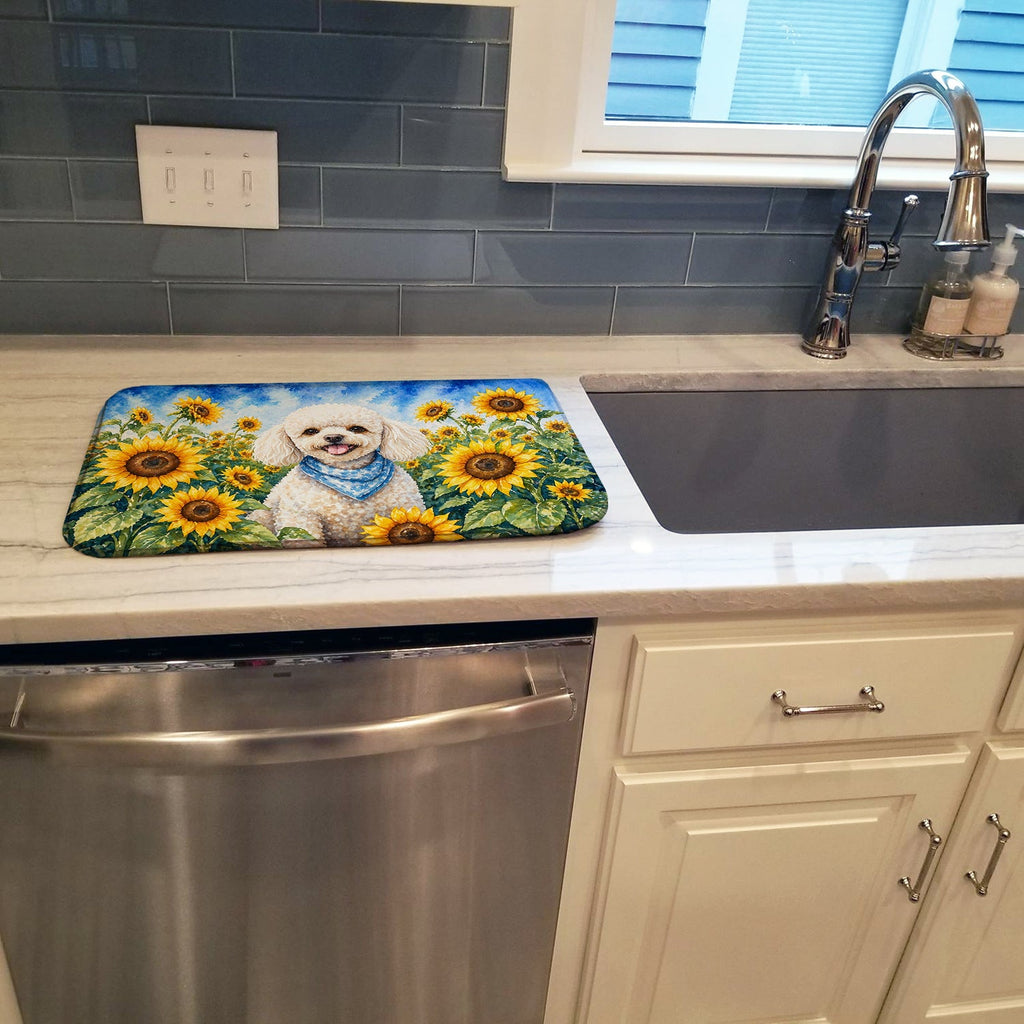 White Poodle in Sunflowers Dish Drying Mat Absorbent Dish Drying Mat Pad for Kitchen Counter Dish Drainer Mat for Countertop, 14 x 21", Multicolor