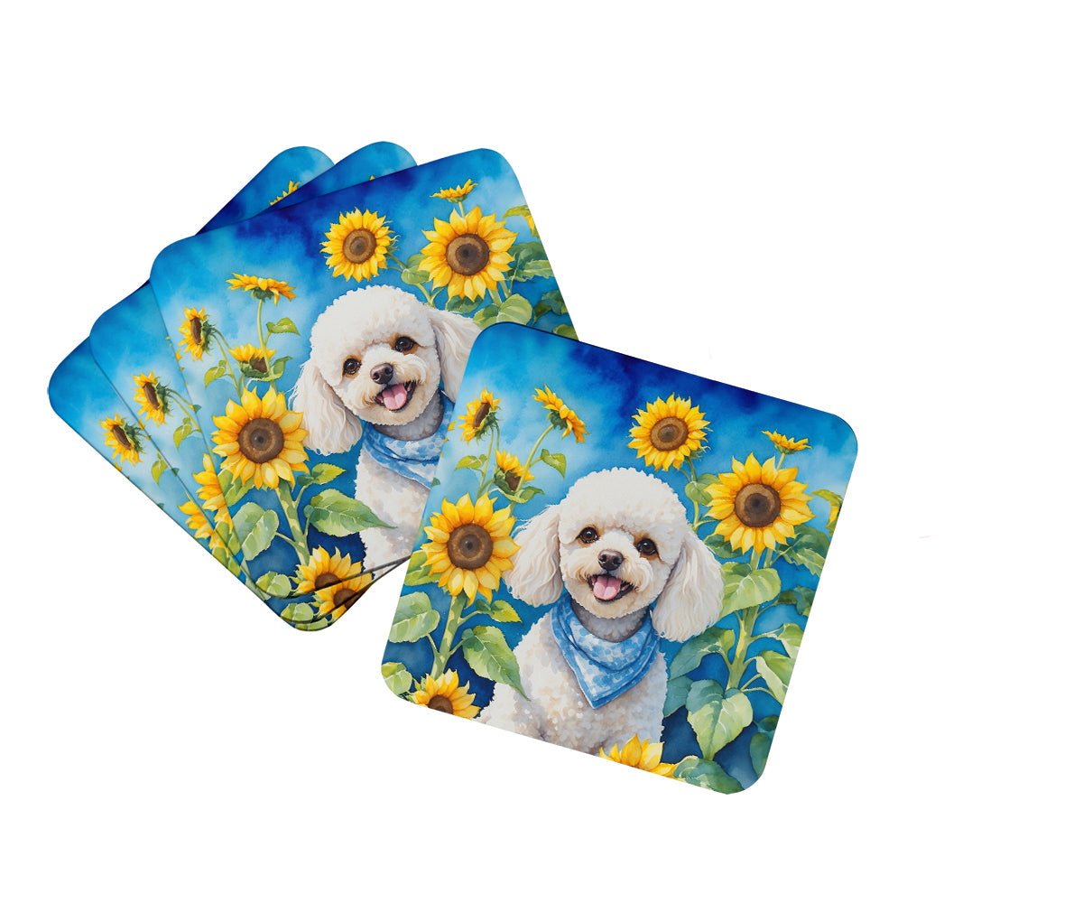 White Poodle in Sunflowers Foam Coasters Set of 4 Cup Coasters for Indoor Outdoor, Tabletop Protection, Anti Slip, Mouse pad Material