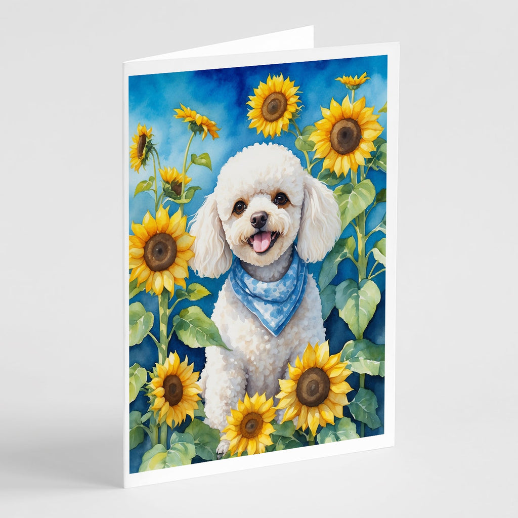 White Poodle in Sunflowers Greeting Cards Pack of 8 Blank Cards with Envelopes Whimsical A7 Size 5x7