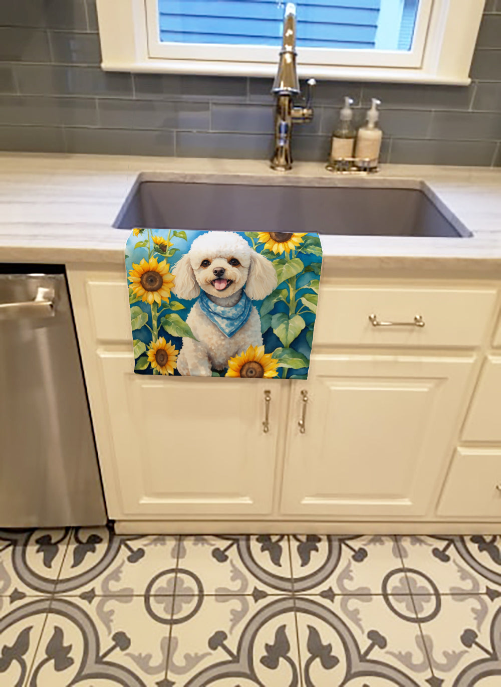 White Poodle in Sunflowers Kitchen Towel Velour Plush Front and Cotton Loop Back Machine Washable