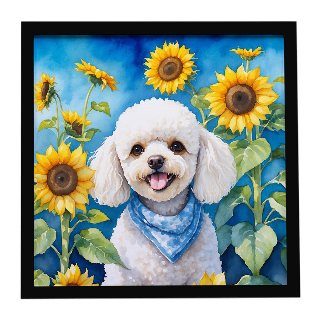 White Poodle in Sunflowers Framed Metal Print Bathroom, Kitchen, Office, Home Decor Wall Art Ready to Hang, Square, 8X8