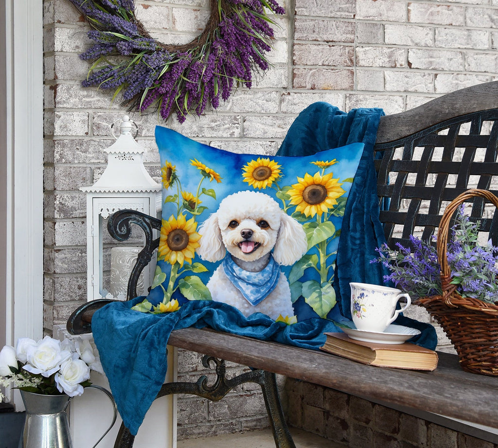 White Poodle in Sunflowers Decorative Throw Pillow 18x18 Indoor Outdoor Accent Cushion, Fabric Cover with Insert for Sofa, Bed, Porch & Living Room