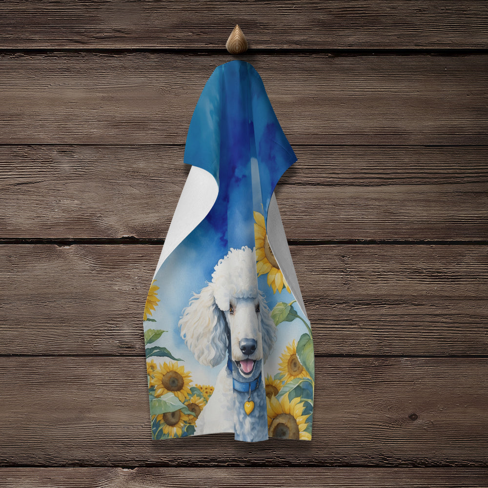 White Poodle in Sunflowers Kitchen Towel Velour Plush Front and Cotton Loop Back Machine Washable
