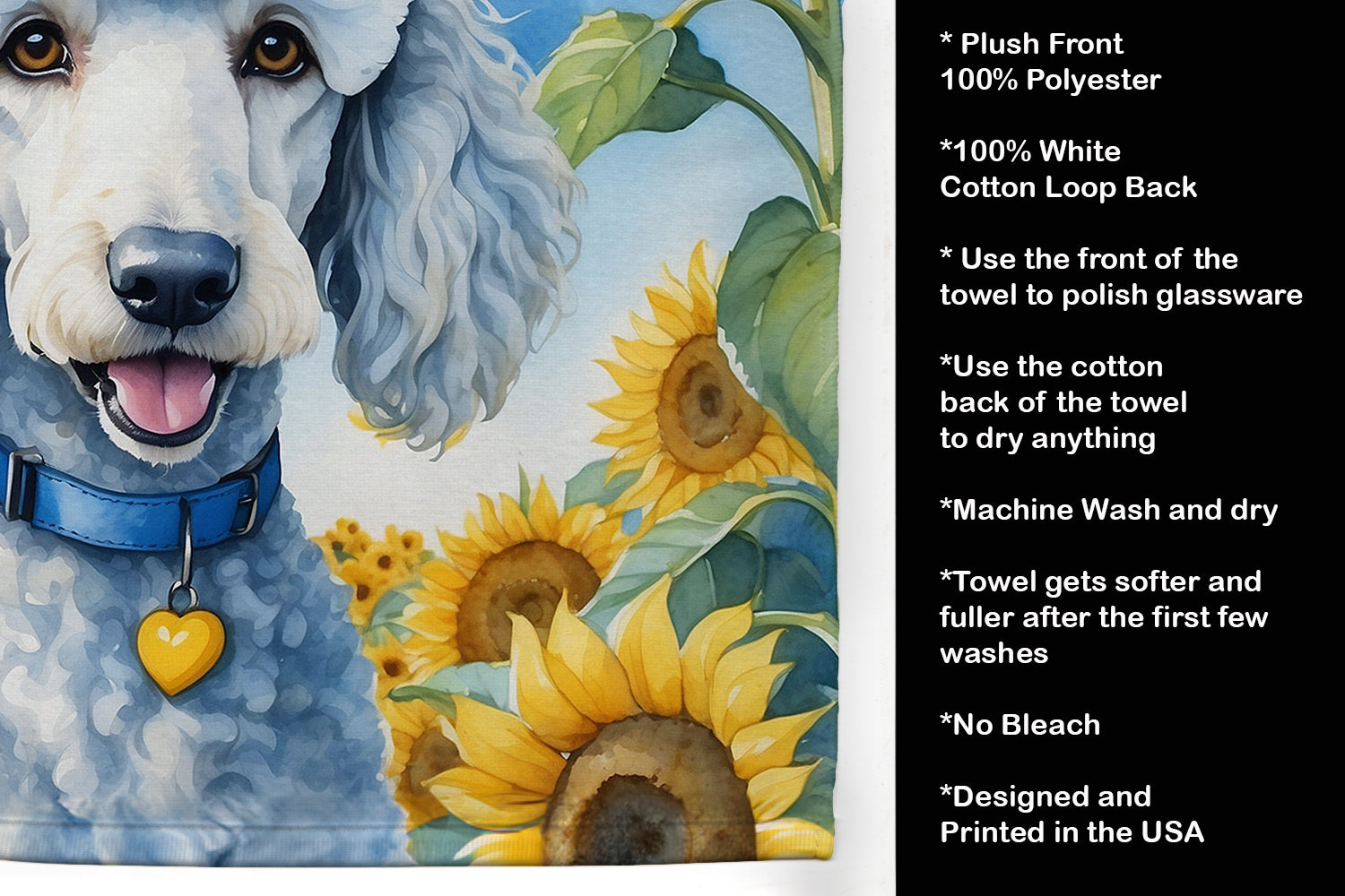 White Poodle in Sunflowers Kitchen Towel Velour Plush Front and Cotton Loop Back Machine Washable