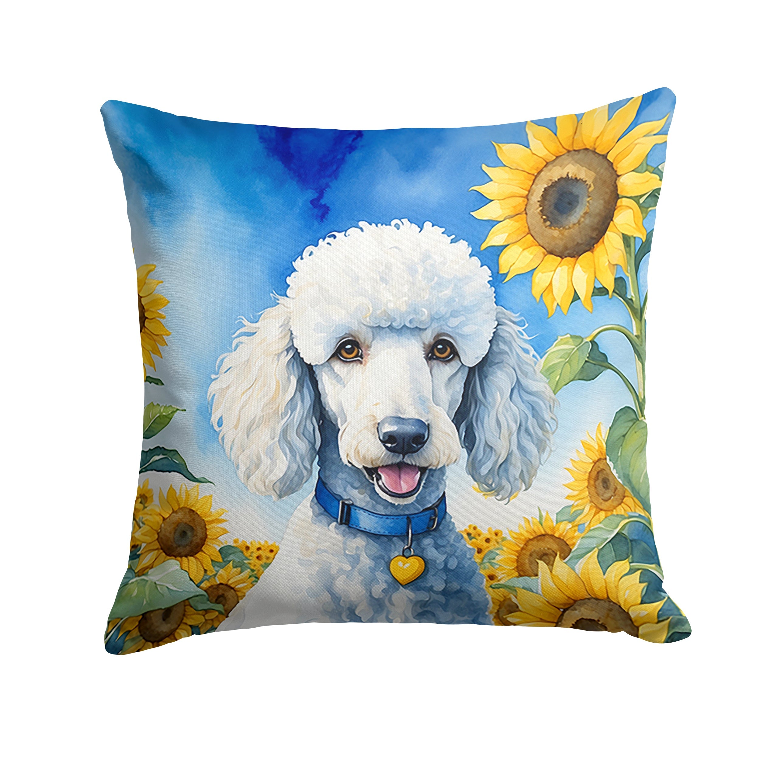 White Poodle in Sunflowers Decorative Throw Pillow 14x14 Indoor Outdoor Accent Cushion, Fabric Cover with Insert for Sofa, Bed, Porch & Living Room