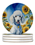 White Poodle in Sunflowers Large Sandstone Coasters Pack of 4 Absorbent Round Coasters Decor Gifts for Men or Women, 4 in, Multicolor