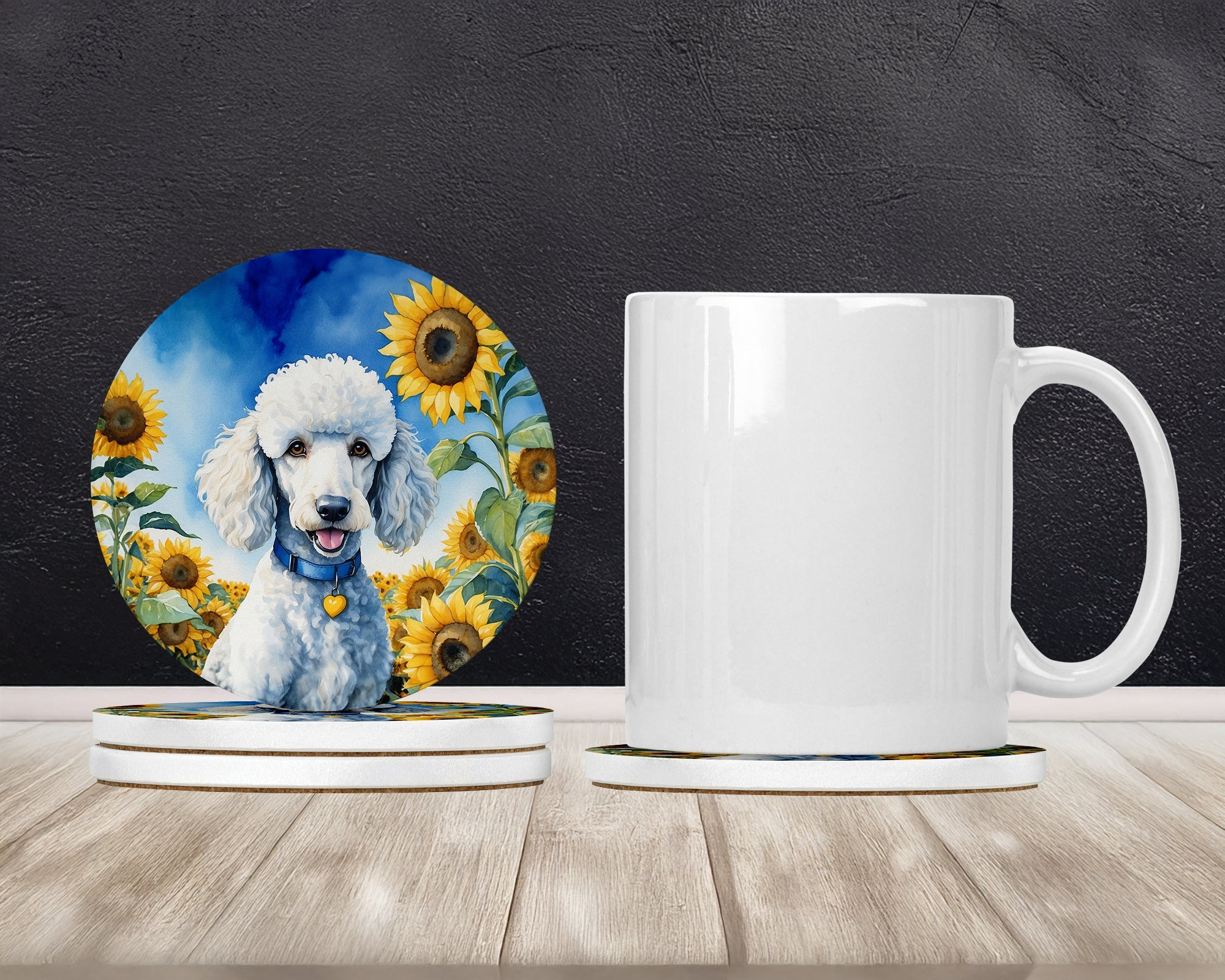 White Poodle in Sunflowers Large Sandstone Coasters Pack of 4 Absorbent Round Coasters Decor Gifts for Men or Women, 4 in, Multicolor