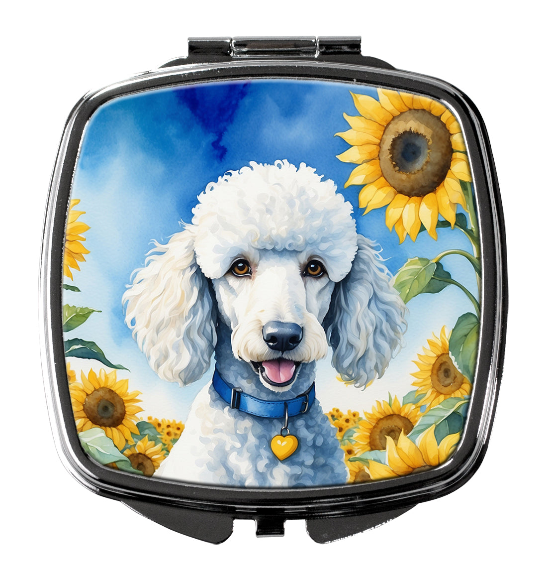 White Poodle in Sunflowers Compact Mirror Decorative Travel Makeup Mirror for Women Girls Gifts Pocket Makeup Mirror Folding Handheld