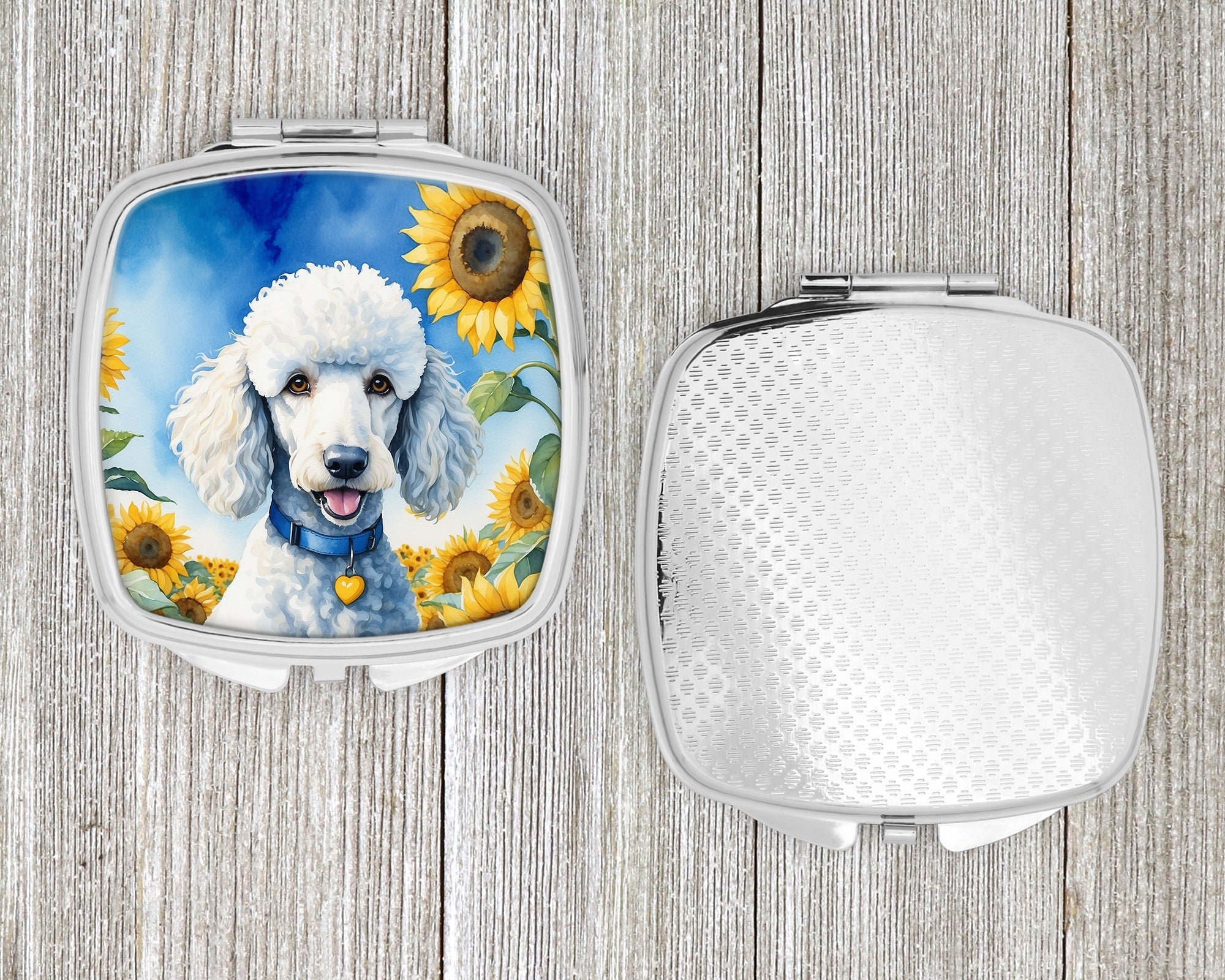 White Poodle in Sunflowers Compact Mirror Decorative Travel Makeup Mirror for Women Girls Gifts Pocket Makeup Mirror Folding Handheld