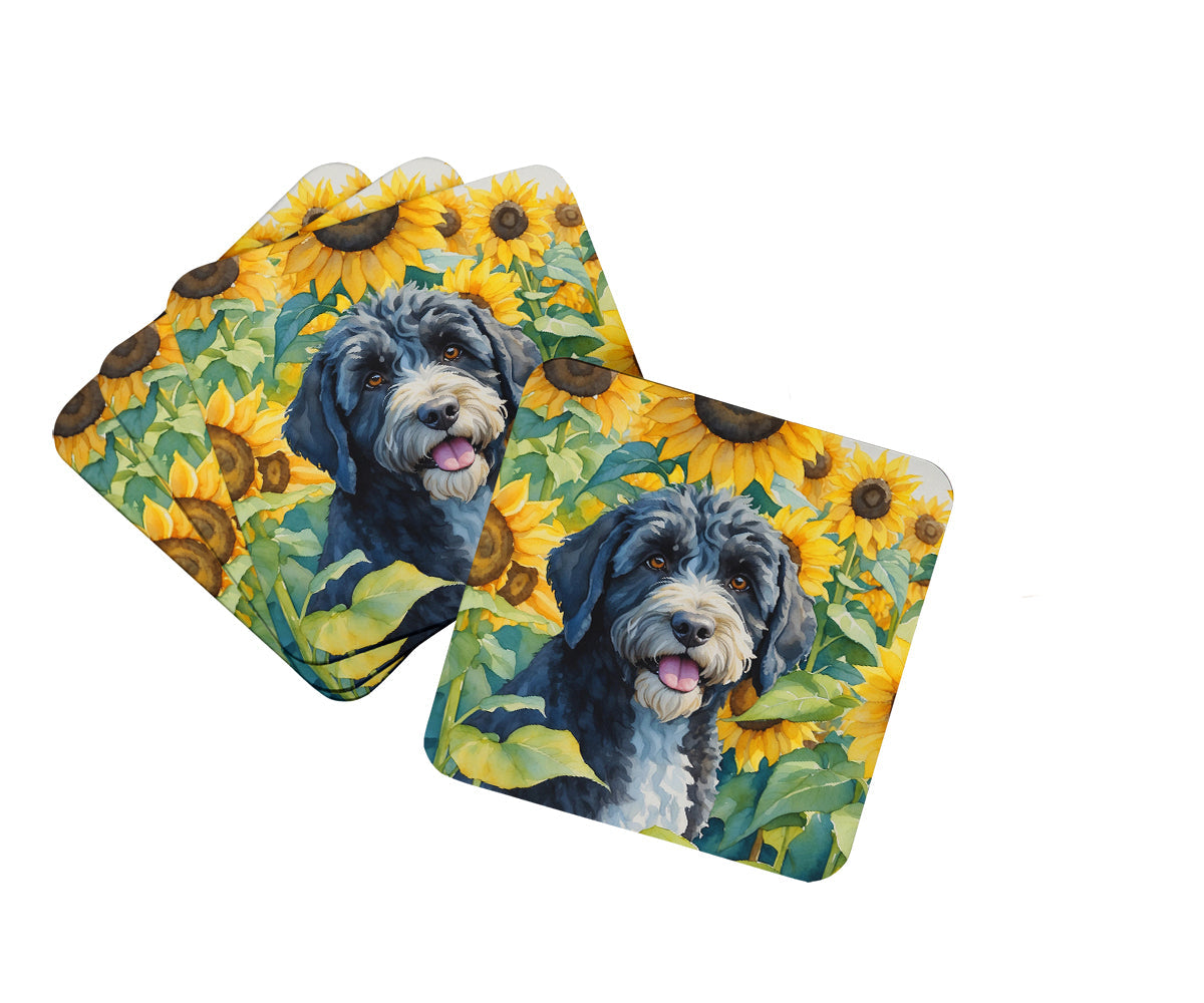 Portuguese Water Dog in Sunflowers Foam Coasters Set of 4 Cup Coasters for Indoor Outdoor, Tabletop Protection, Anti Slip, Mouse pad Material