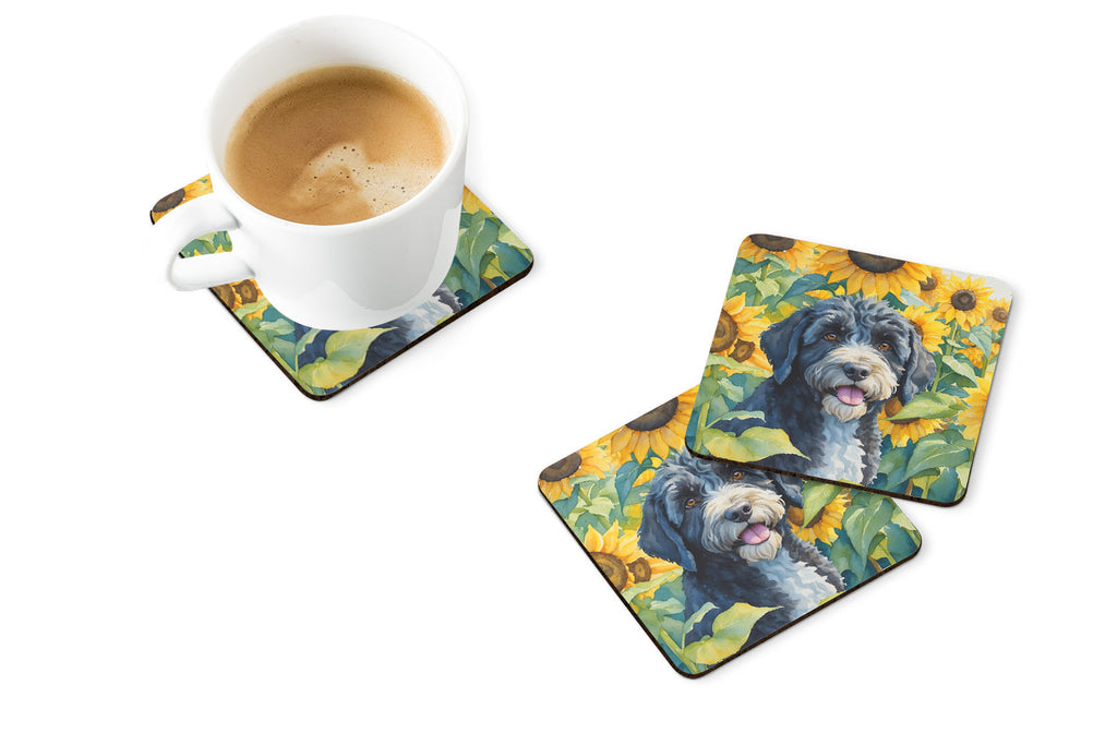 Portuguese Water Dog in Sunflowers Foam Coasters Set of 4 Cup Coasters for Indoor Outdoor, Tabletop Protection, Anti Slip, Mouse pad Material
