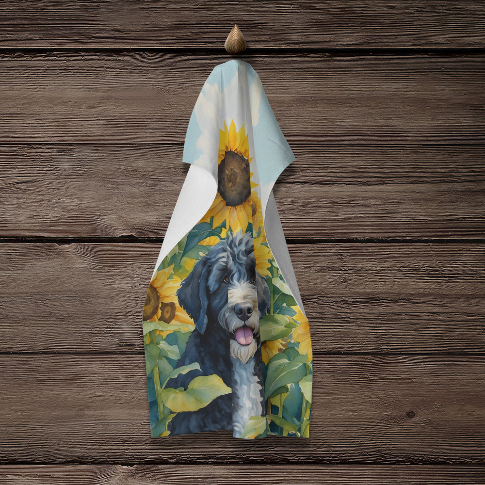 Portuguese Water Dog in Sunflowers Kitchen Towel Velour Plush Front and Cotton Loop Back Machine Washable