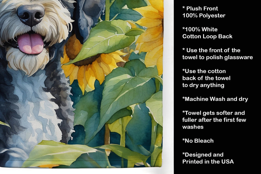 Portuguese Water Dog in Sunflowers Kitchen Towel Velour Plush Front and Cotton Loop Back Machine Washable