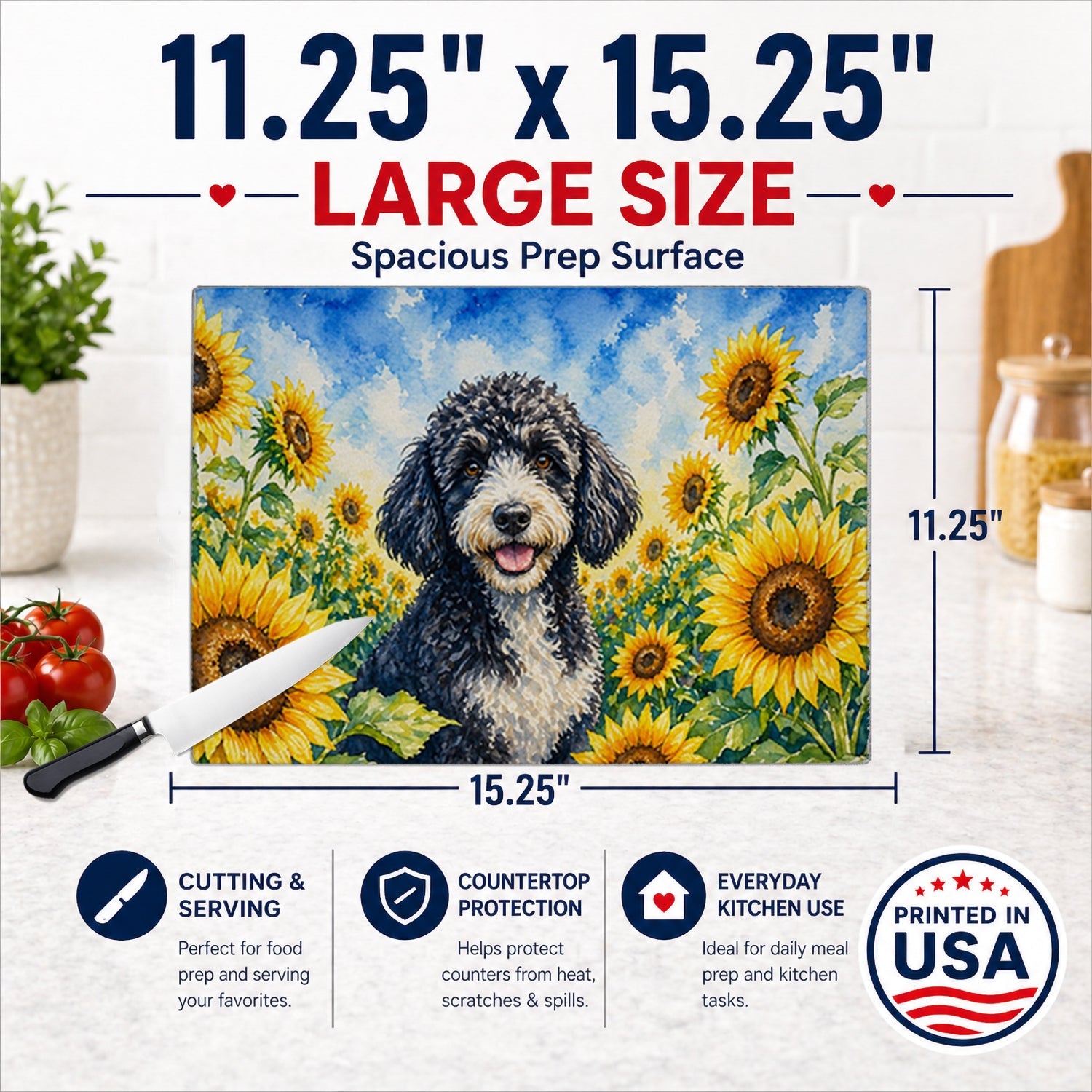 Portuguese Water Dog in Sunflowers Cutting Board Tempered Glass Kitchen Cutting Surface, Heat Resistant Chopping Board with Non-Slip Feet, Decorative Food Prep & Serving
