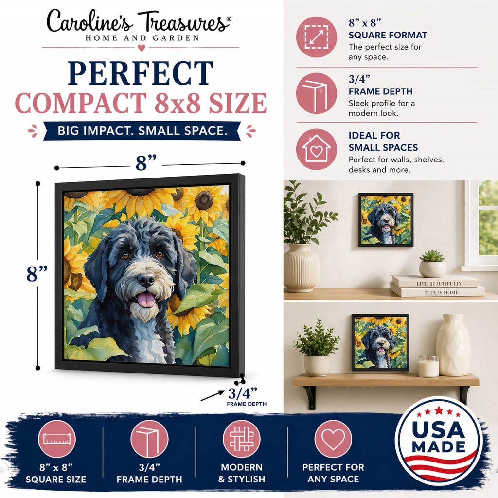 Portuguese Water Dog in Sunflowers Framed Metal Print Bathroom, Kitchen, Office, Home Decor Wall Art Ready to Hang, Square, 8X8