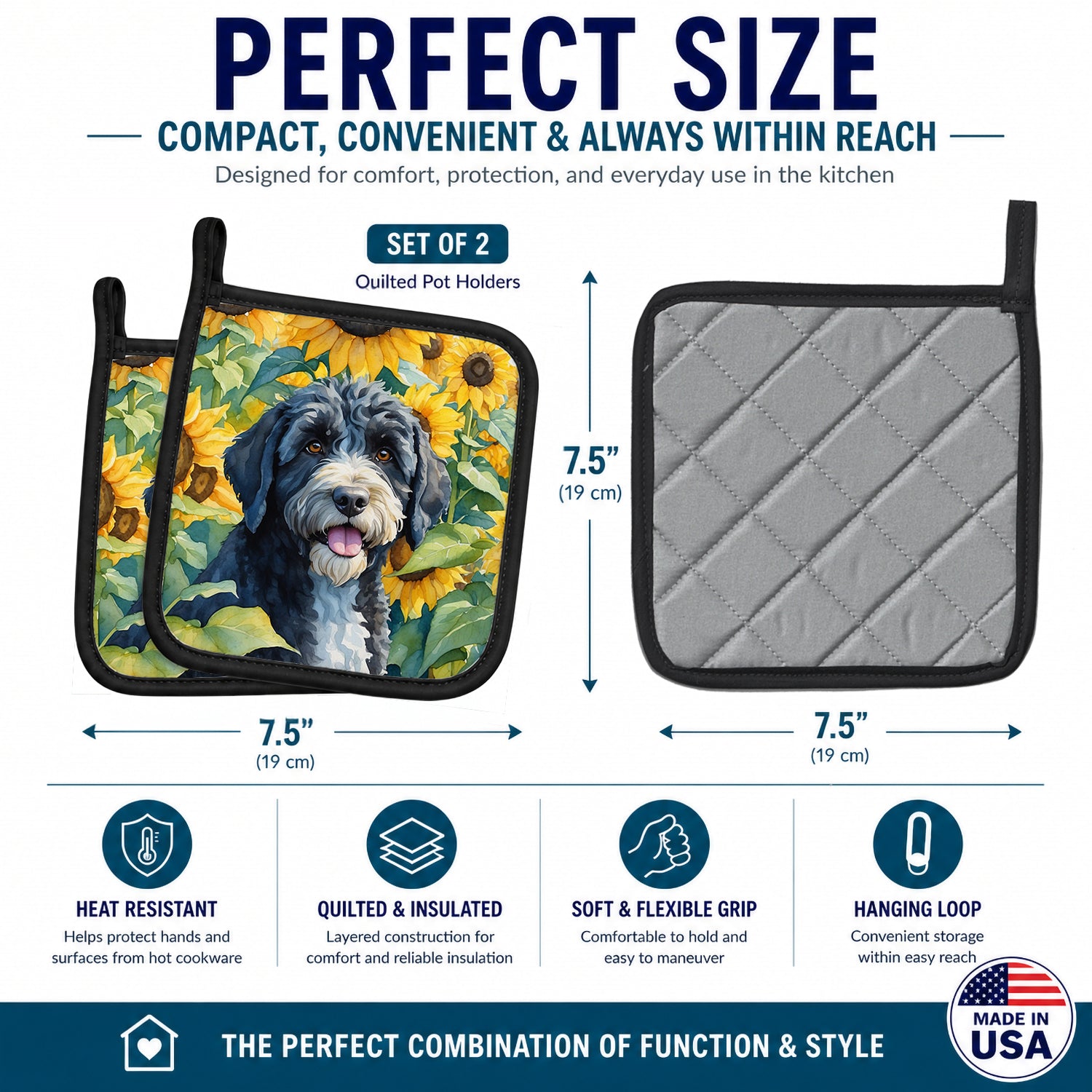 Portuguese Water Dog in Sunflowers Pot Holder Set of 2 Heat Resistant Quilted Hot Pads 7.5 x 7.5 Inch, Insulated Kitchen Trivets for Cooking & Baking
