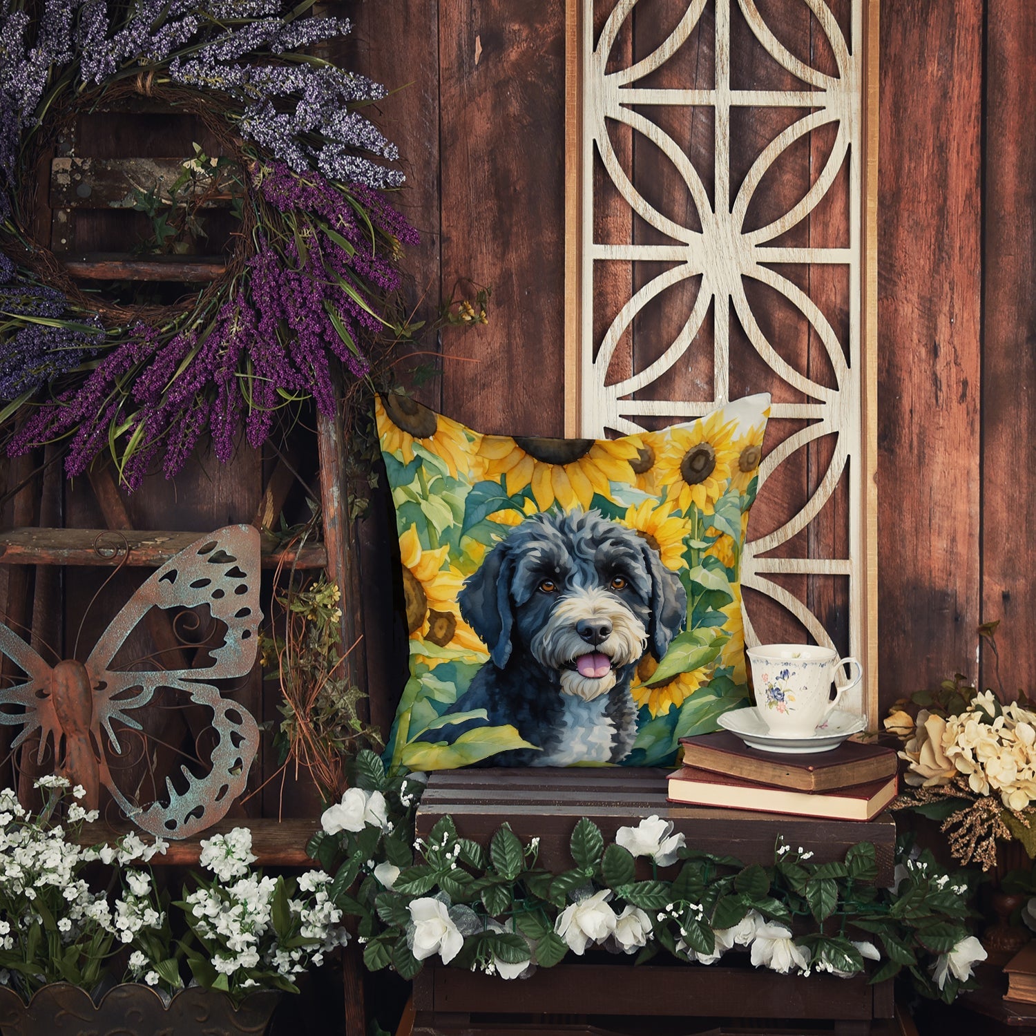 Portuguese Water Dog in Sunflowers Decorative Throw Pillow 18x18 Indoor Outdoor Accent Cushion, Fabric Cover with Insert for Sofa, Bed, Porch & Living Room