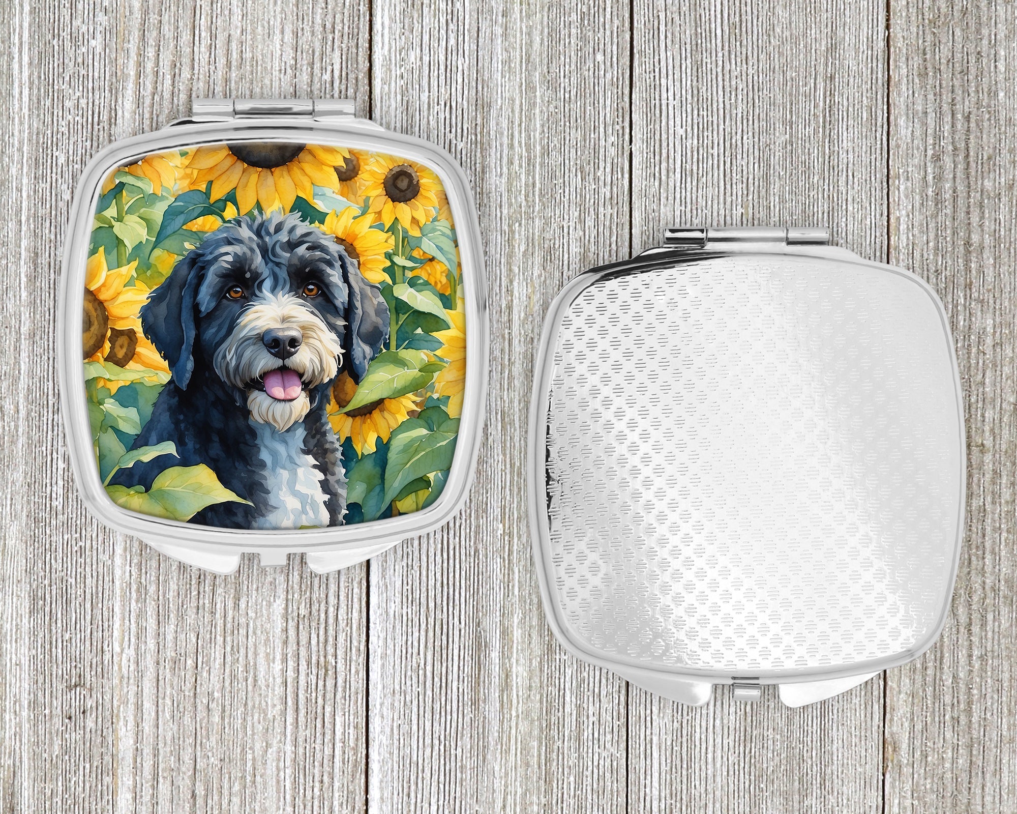 Portuguese Water Dog in Sunflowers Compact Mirror Decorative Travel Makeup Mirror for Women Girls Gifts Pocket Makeup Mirror Folding Handheld