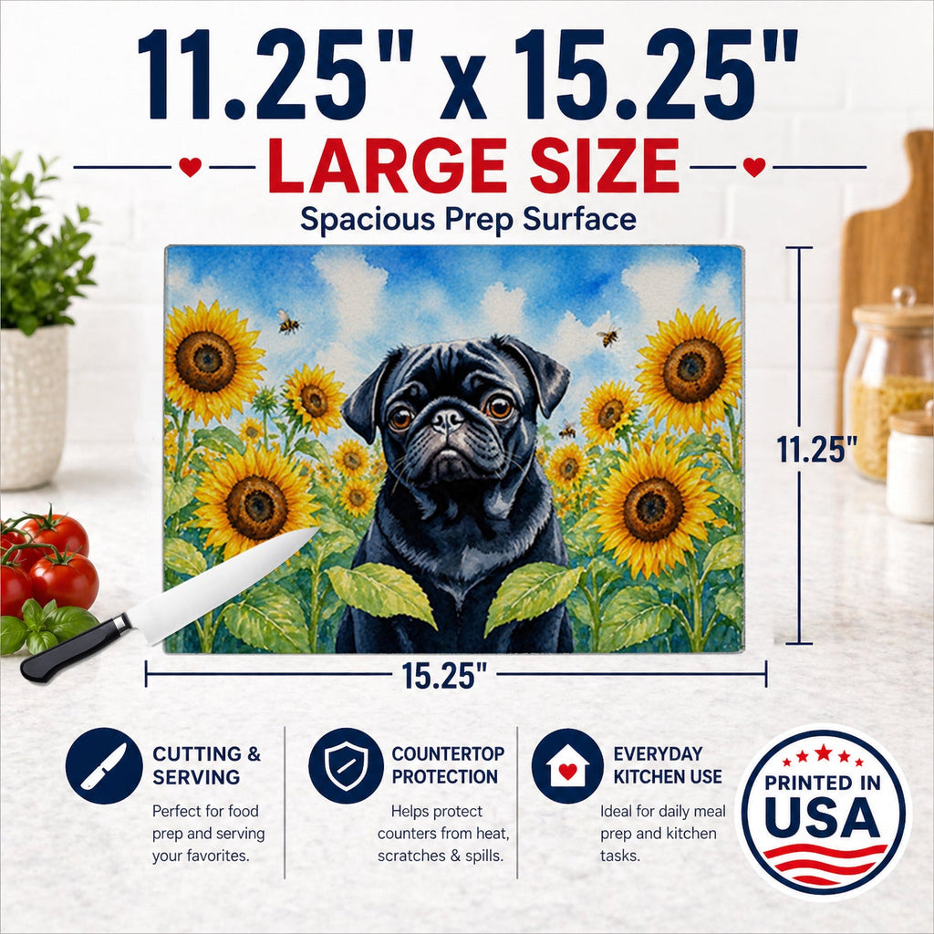 Pug in Sunflowers Cutting Board Tempered Glass Kitchen Cutting Surface, Heat Resistant Chopping Board with Non-Slip Feet, Decorative Food Prep & Serving