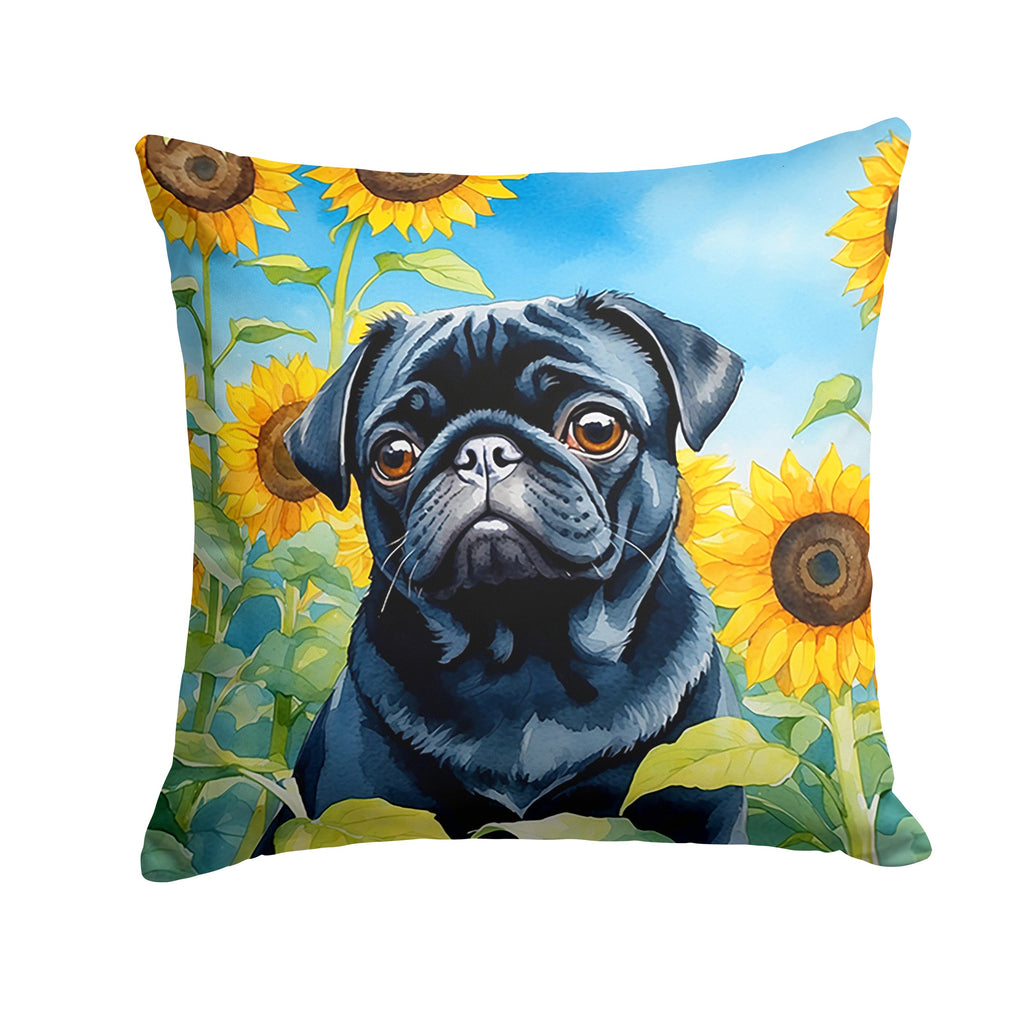 Pug in Sunflowers Decorative Throw Pillow 18x18 Indoor Outdoor Accent Cushion, Fabric Cover with Insert for Sofa, Bed, Porch & Living Room