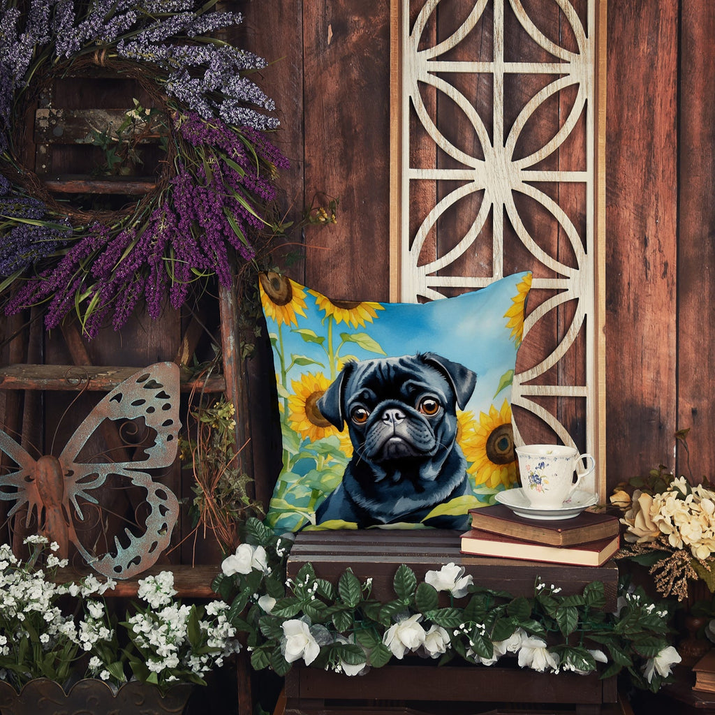 Pug in Sunflowers Decorative Throw Pillow 18x18 Indoor Outdoor Accent Cushion, Fabric Cover with Insert for Sofa, Bed, Porch & Living Room