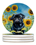Pug in Sunflowers Large Sandstone Coasters Pack of 4 Absorbent Round Coasters Decor Gifts for Men or Women, 4 in, Multicolor