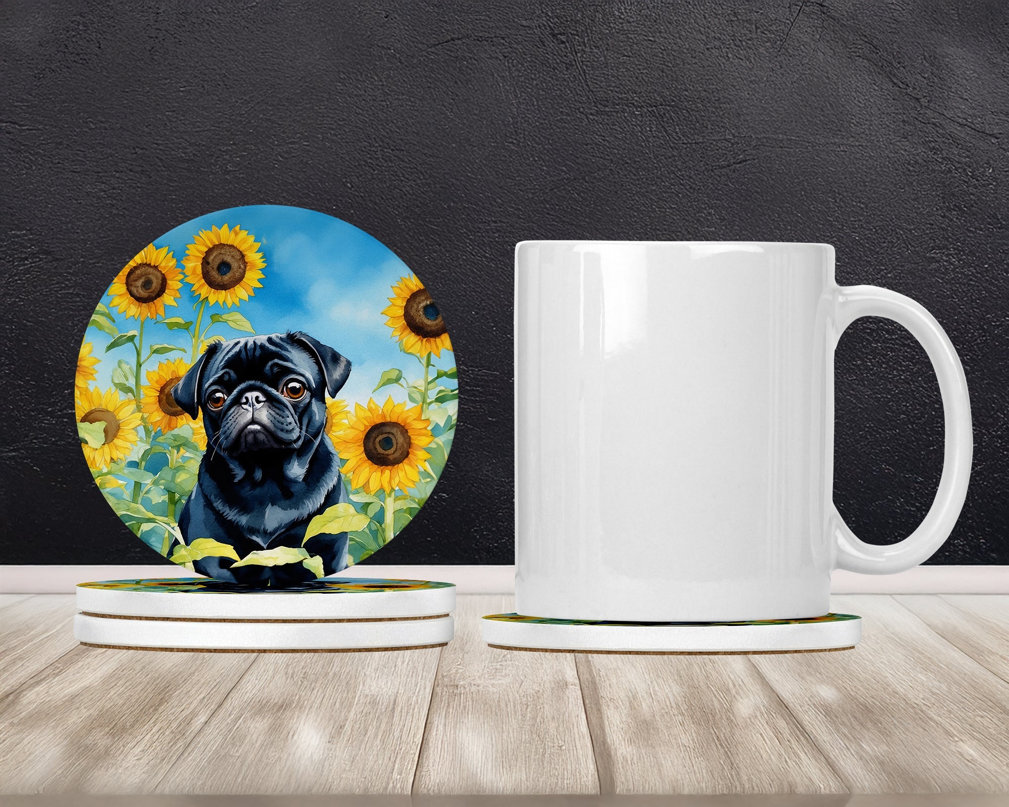 Pug in Sunflowers Large Sandstone Coasters Pack of 4 Absorbent Round Coasters Decor Gifts for Men or Women, 4 in, Multicolor