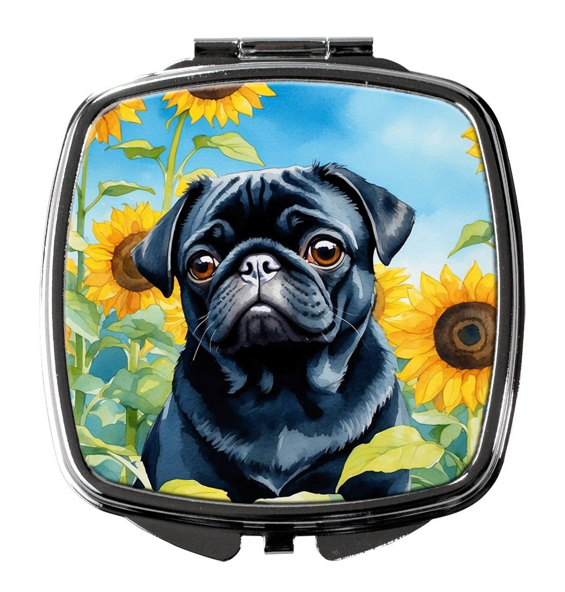 Pug in Sunflowers Compact Mirror Decorative Travel Makeup Mirror for Women Girls Gifts Pocket Makeup Mirror Folding Handheld