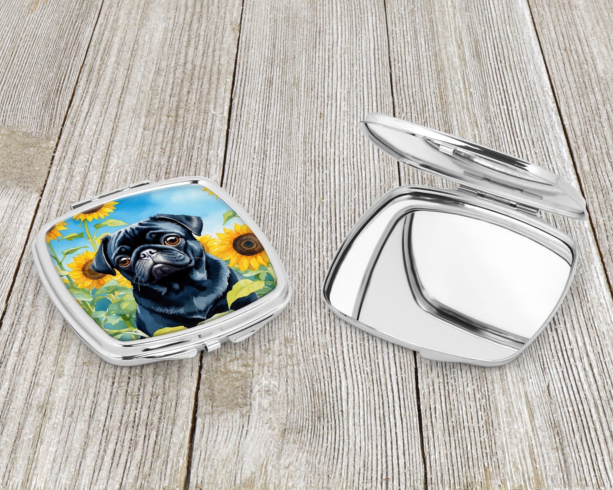 Pug in Sunflowers Compact Mirror Decorative Travel Makeup Mirror for Women Girls Gifts Pocket Makeup Mirror Folding Handheld